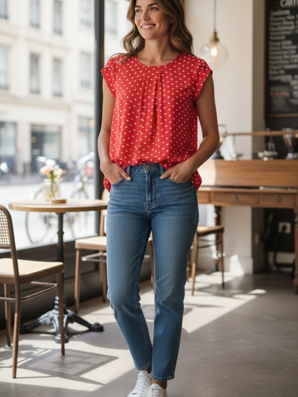 Women's Red Polka Dot Cap-Sleeve Top - Picture 3 of 3
